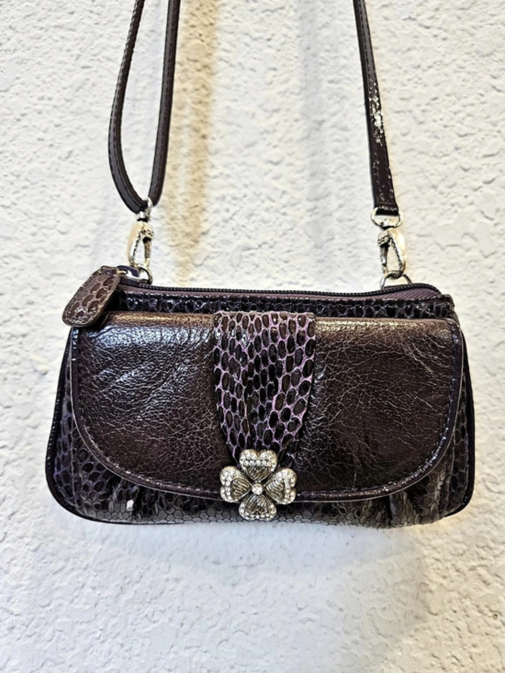 Brighton Lucky Clover Heart Convertible Crossbody Clutch Purple & Brown